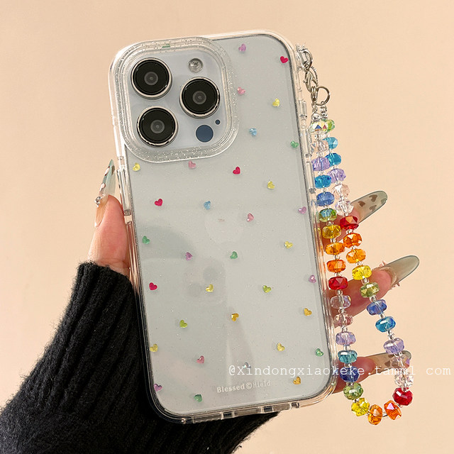 Ins style Korean love gemstones suitable for Apple iPhone 16 ProMax mobile phone case 15pro new 14 with chain 13 niche high-end sense 14 promax silicone 16pro creative full package