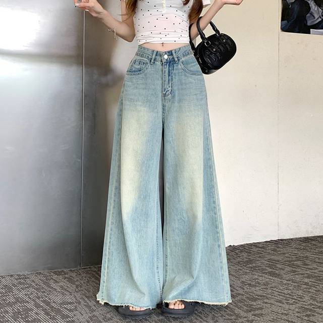 Retro wash furrowed jeans for women in 2025 spring and autumn large size pear shape fat mm loose straight wide-leg trousers