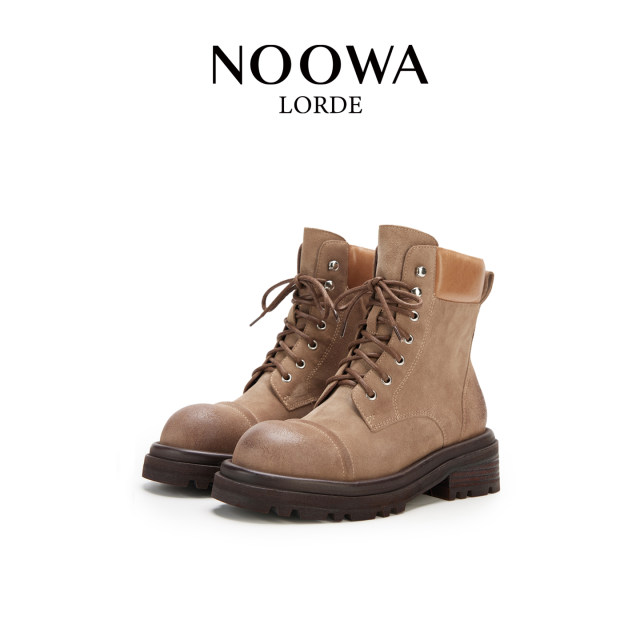 NOOWA British thick heel Martin boots for women 2025 autumn fashionable polished leather heightening versatile lace-up short boots