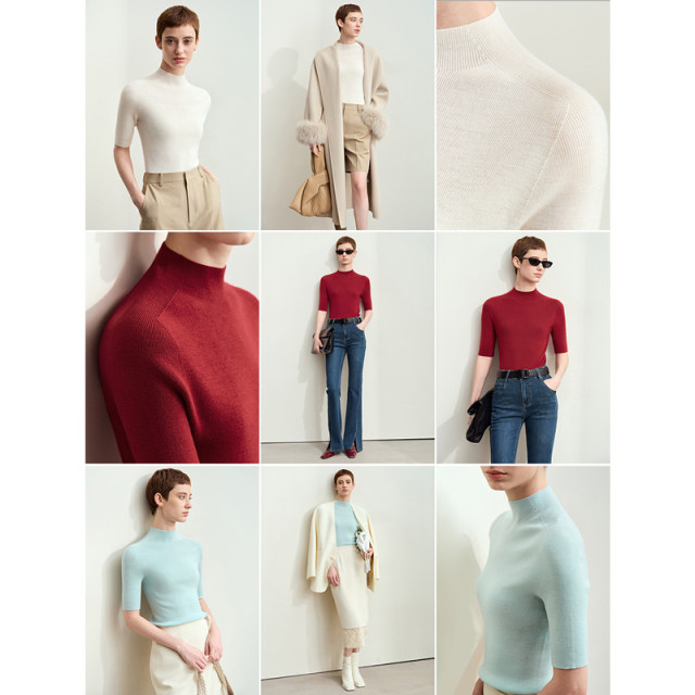 Amii spring style versatile half turtle neck combed full wool seamless integrated molding mid-sleeved sweater women's top