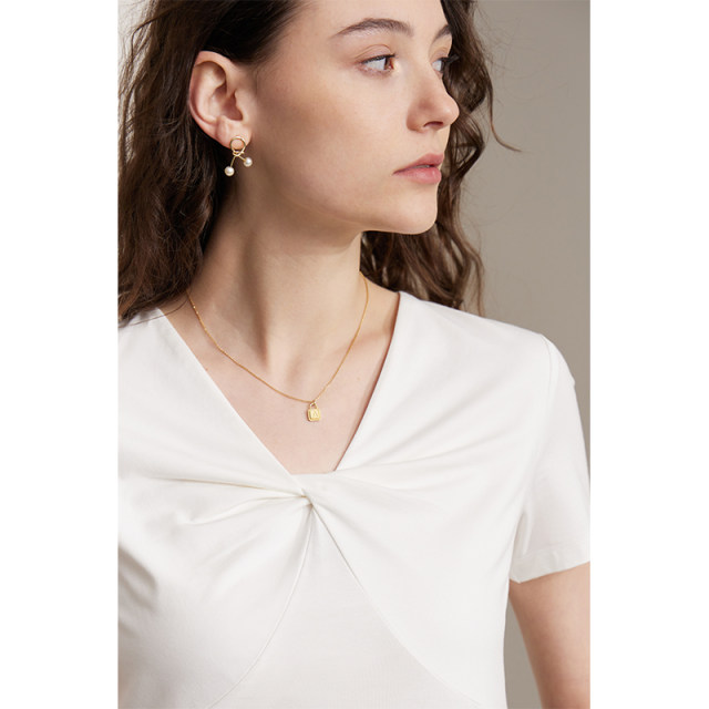 Amii2025 summer new minimalist solid color slim short-sleeved pullover V-neck modal cotton top T-shirt for women