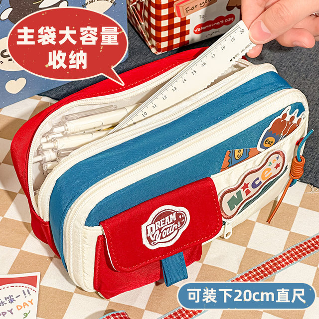 Large capacity contrasting pencil case for girls 2025 new pencil case high-value ins style large capacity pencil case niche