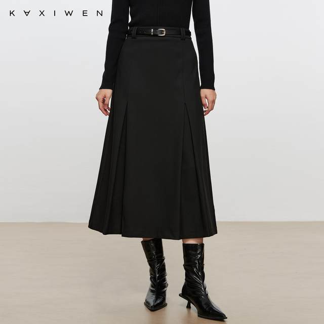 
Jonnie Wen Commuting Simple Skirt 2024 Winter New Solid Color High Waist Compression Pleated A-line Mid-Long Skirt for Women
