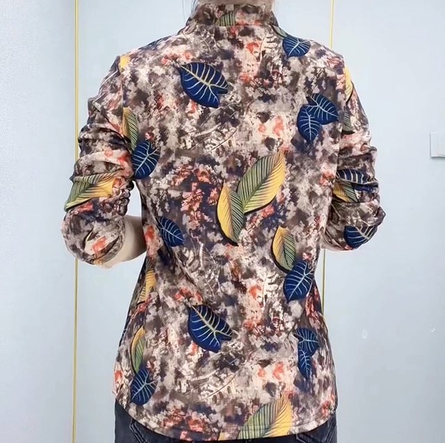 Fashionable printed mother's wear bottoming 2023 autumn new inner top half turtleneck long sleeve loose belly-covering slim T-shirt