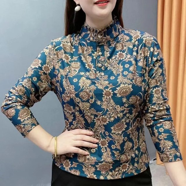 Western mothers standing collar color elasticity 2022 Autumn new bottom shirts loose and covered with belly, middle -aged and elderly large size women's clothing
