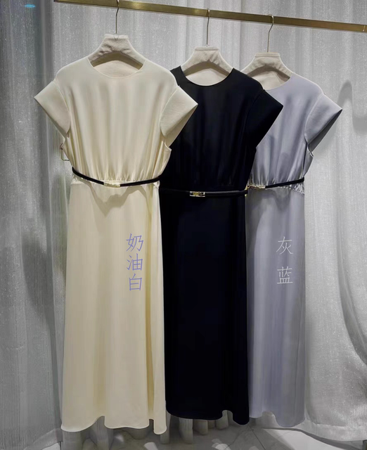 2025 Spring and Autumn New Fashion Short Sleeve Tightening Bands and Hip Long Skirt Round Neck Heavy Silk Slim Dress for Women
