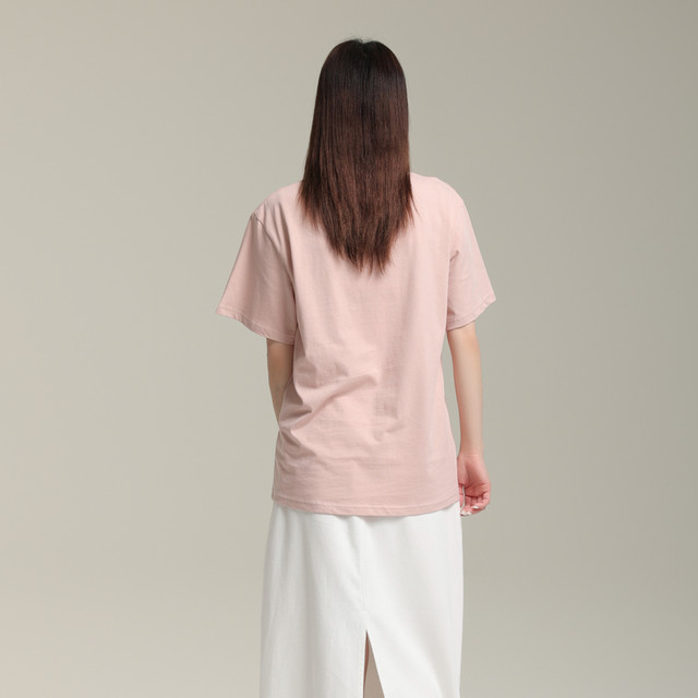 
AIRIQI stylish solid color medium-length short-sleeved summer women's pattern printed loose pink T-shirt AY42TX387