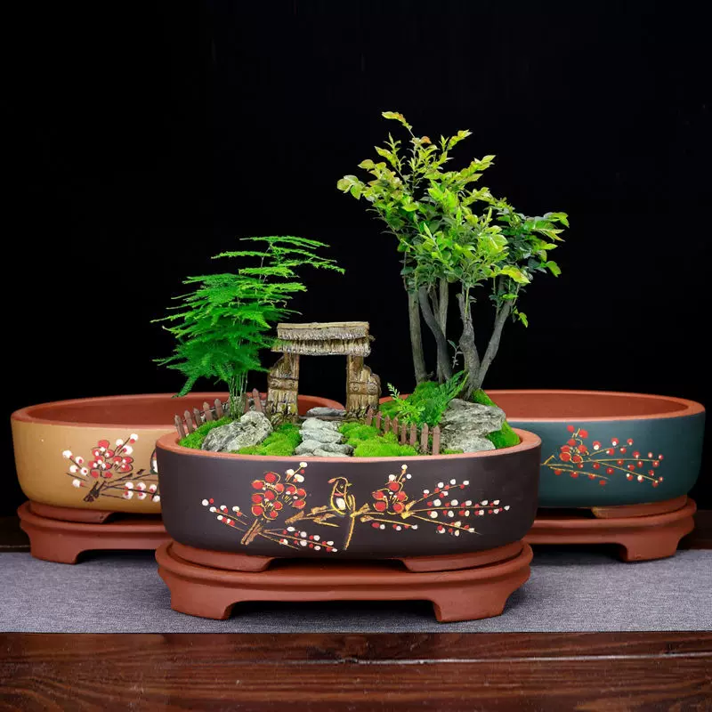 宜兴特价紫砂花盆椭圆形带托盘盆栽盆手绘松柏榕树造景