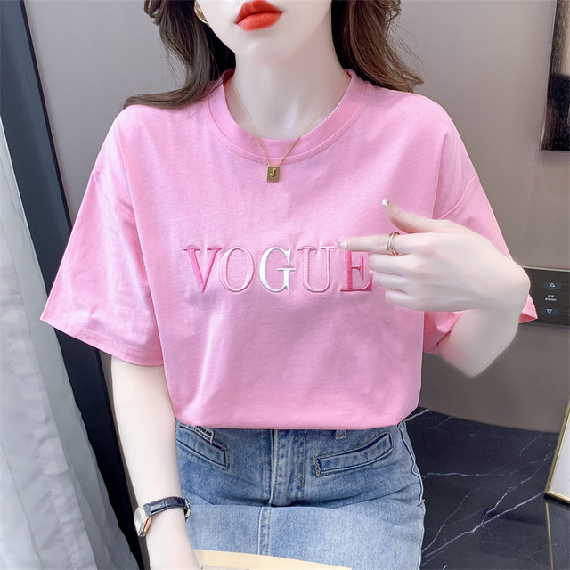 Fashion letter embroidery design short-sleeved T-shirt for women in summer loose and versatile pink round neck half-sleeved T-shirt top