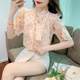 Hong Kong style polka dot chiffon shirt bow streamer bead button literary shirt women short-sleeved printed scarf collar floral