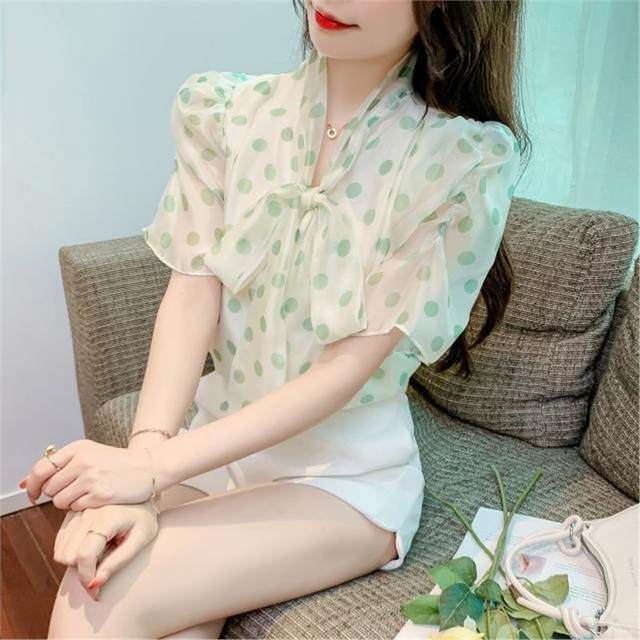 Hong Kong style polka dot chiffon shirt bow streamer bead button literary shirt women short-sleeved printed scarf collar floral
