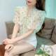 Hong Kong style polka dot chiffon shirt bow streamer bead button literary shirt women short-sleeved printed scarf collar floral