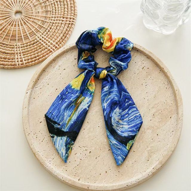New style of women's wild rose Van Gogh streamer large intestine hair circle starry sky satin oil painting hair tie head rope rubber band hair rope