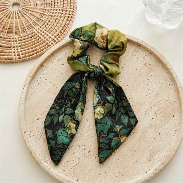 New style of women's wild rose Van Gogh streamer large intestine hair circle starry sky satin oil painting hair tie head rope rubber band hair rope