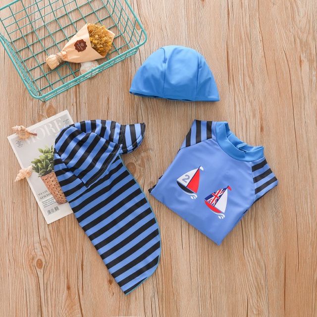 Children's swimsuit Boy, baby baby sunscreen cap, short -sleeved casual fast -drying flat corner beach swimsuit
