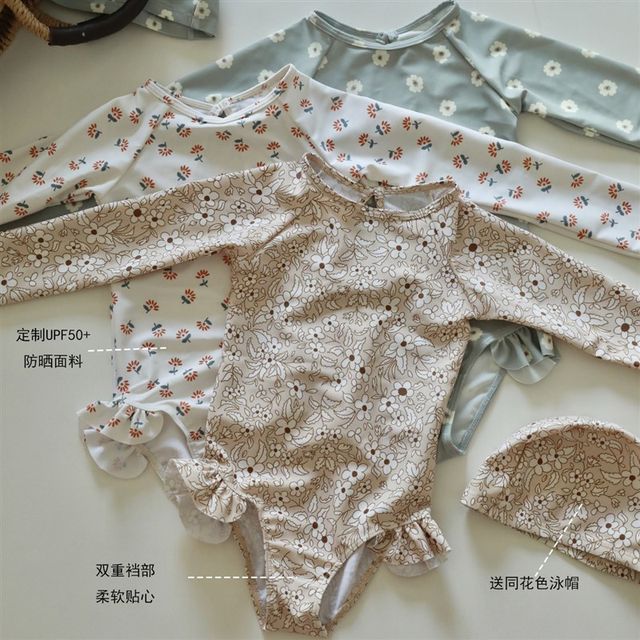
Children's ins style long-sleeved swimsuit for boys and girls, floral triangle one-piece swimsuit, hot spring resort swimsuit