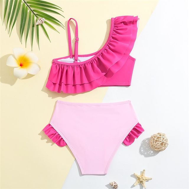 
Children's swimsuit cross-border bikini one-shoulder ruffle flamingo print K-flower triangle quick-drying little girl swimsuit