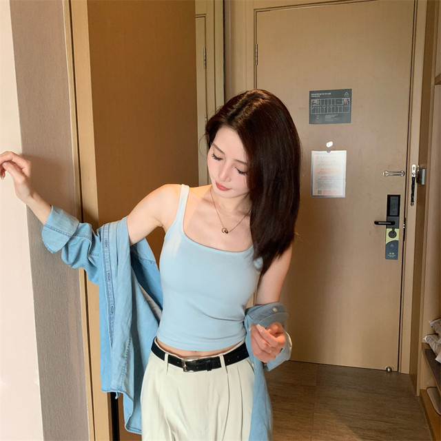 Large size new wide shoulder strap suspender vest for women with breast pads and blue slimming outer top summer