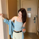 Large size new wide shoulder strap suspender vest for women with breast pads and blue slimming outer top summer
