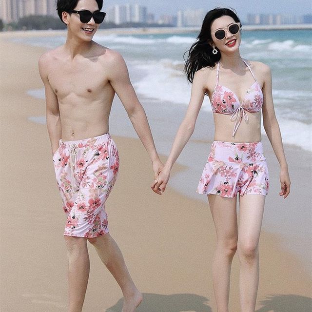 
Couple swimsuit ins style underwire push-up bikini three-piece cover-up skirt style women's swimwear men's beach pants