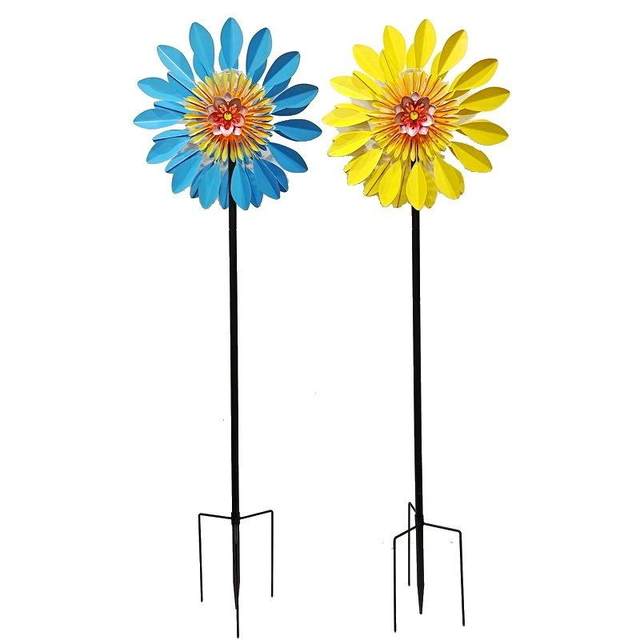 Home and gardening natural decoration garden balcony outdoor windmill painted flowers and leaves contrasting color iron insert double-sided rotation