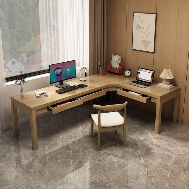 
Solid wood corner desk human computer desk home study corner long L-shaped office workbench drawer table