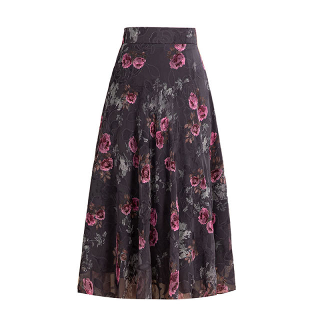 2025 summer new style flower-cut chiffon skirt for women A-line versatile midi skirt high waist large size slim dance skirt
