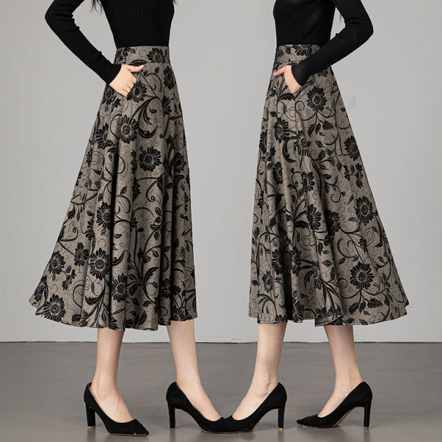 2025 Spring and Autumn New Printed Skirt for Women High Waist Slim Mid-Length Large Size Versatile A-line Umbrella Skirt
