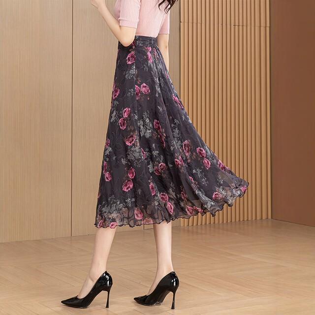 2025 summer new style flower-cut chiffon skirt for women A-line versatile midi skirt high waist large size slim dance skirt
