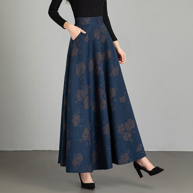 Autumn and winter printed skirt for women 2025 new high-waisted large size mid-length A-line large hem skirt draped and slim long skirt