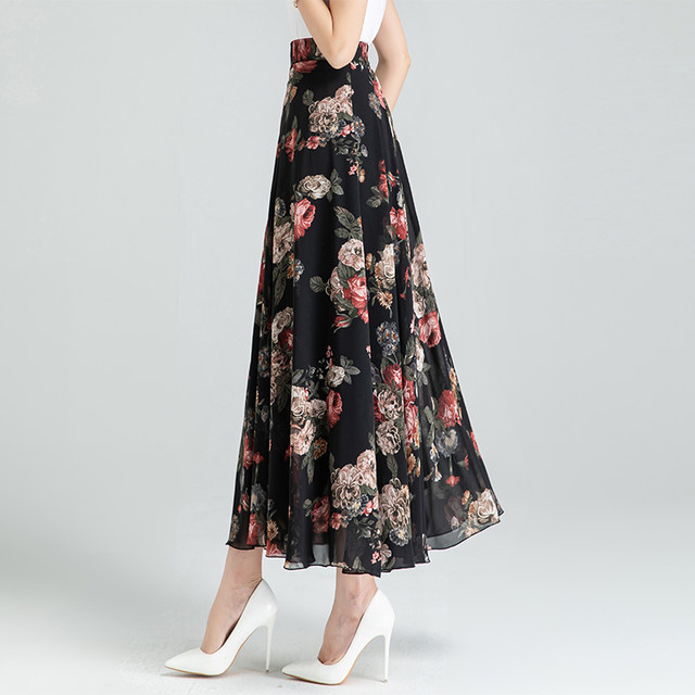 2025 new summer versatile floral chiffon skirt long skirt A-line large size high waist large mid-length women's skirt
