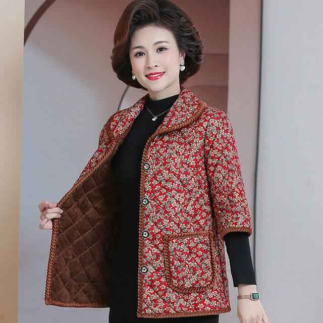 Middle -aged and elderly vest women in autumn and winter wearing velvet medium sleeve cotton coat old people mothers dress cotton jacket short -sleeved horse clip jacket