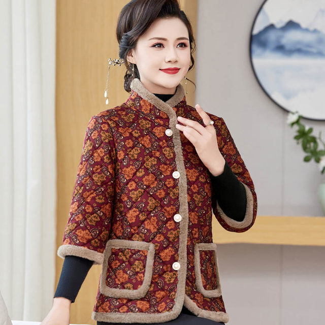 Mother's short-sleeved cotton coat, three-quarter sleeve vest, women's winter outer wear, velvet thickened vest, middle-aged and elderly cotton-padded jacket, vest