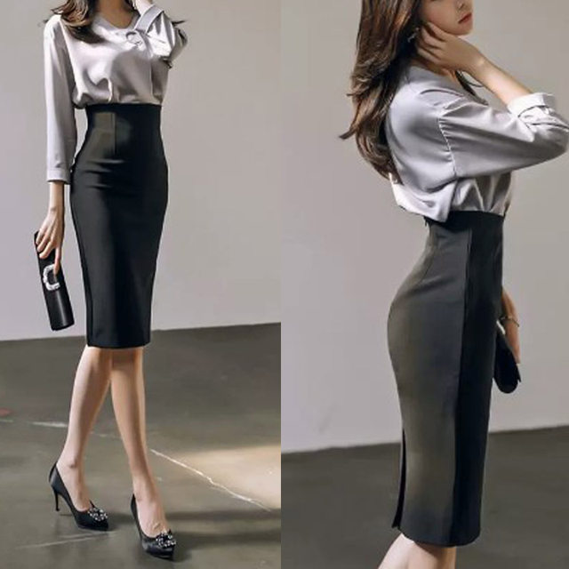 Black professional skirt mid-length high waist hip straight skirt suit one-step skirt pencil skirt work bag skirt
