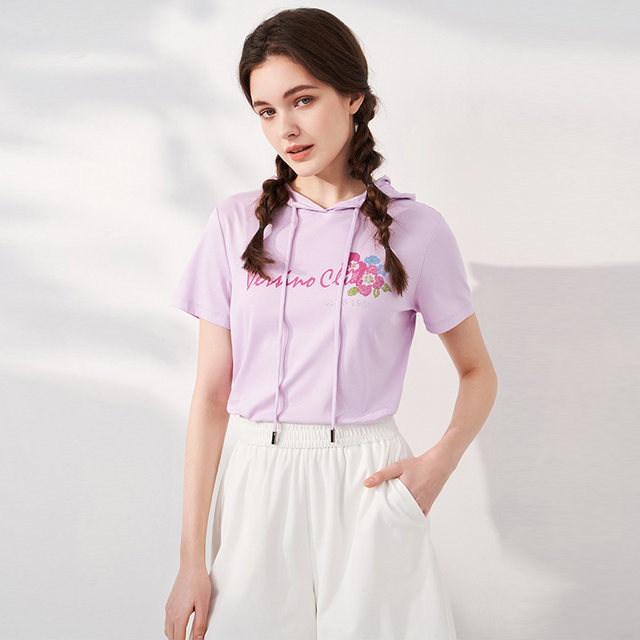 versino women's summer new hooded floral series short-sleeved T-shirt for women commuting age-reducing sweatshirt
