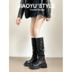 Genuine leather ~ Jiaoyu pleated pile boots two-wear foldable brown boots with thick heels and thick soles that are below the knee knight boots