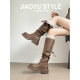 Genuine leather ~ Jiaoyu pleated pile boots two-wear foldable brown boots with thick heels and thick soles that are below the knee knight boots