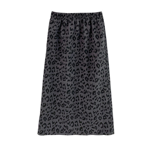 Retro leopard print elastic waist mid-length skirt autumn and winter new high-waisted large size A-line slit hip-packing one-step skirt