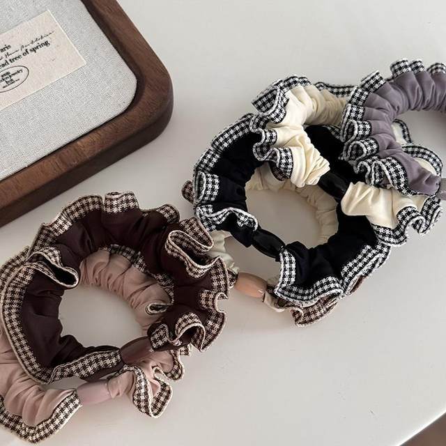 2024 new high elastic retro plaid pattern lace small intestine hair ring autumn and winter temperament ponytail head rope hair rope