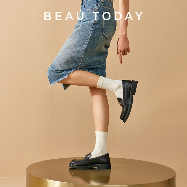 BeauToday genuine leather loafers for women in spring British style small leather shoes thick heels single shoes