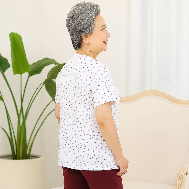Elderly ladies pure cotton short-sleeved vest old man grandma printed half-sleeved T-shirt old woman loose pullover sweatshirt
