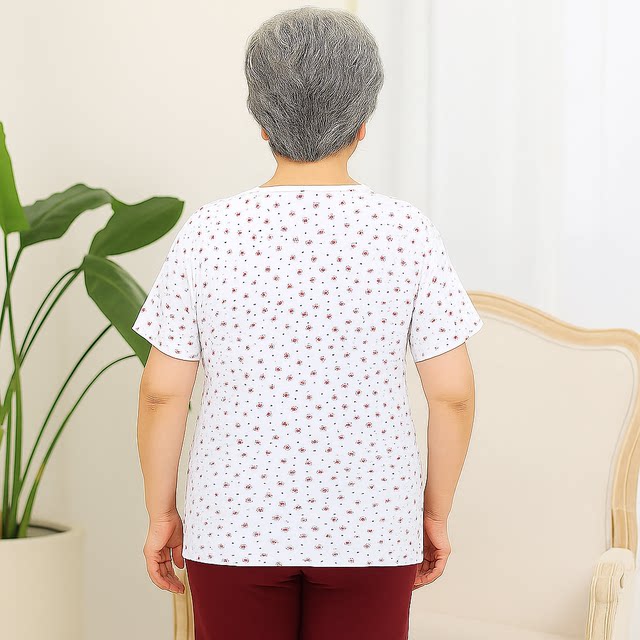Elderly ladies pure cotton short-sleeved vest old man grandma printed half-sleeved T-shirt old woman loose pullover sweatshirt
