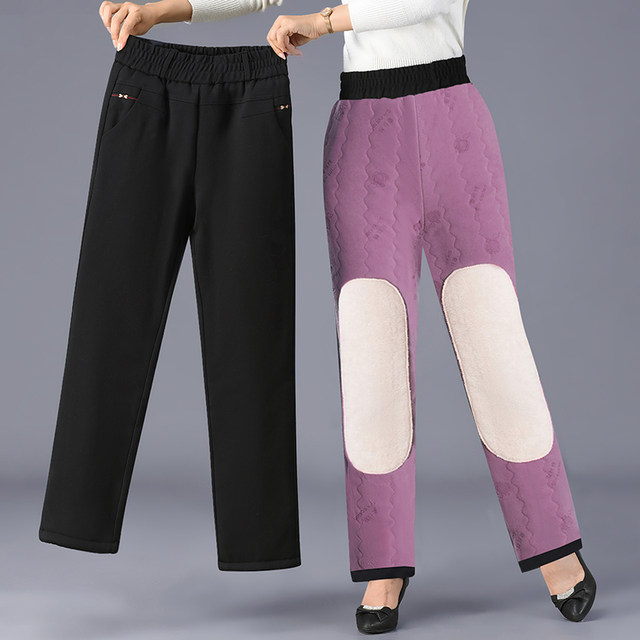 Middle-aged and elderly people wear silk cotton pants high-waisted winter straight loose women's pants plus velvet thickened warm knee-pad mother pants