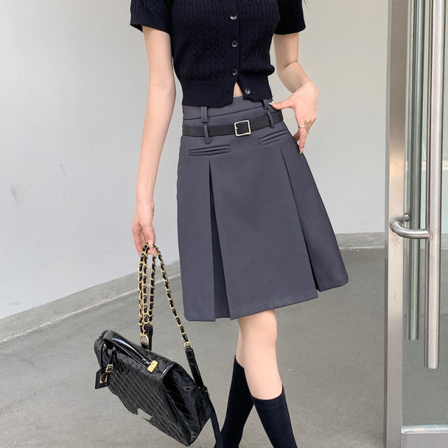 College style pleated skirt for women in summer large size fat mm retro gray A-line midskirt design temperament suit skirt