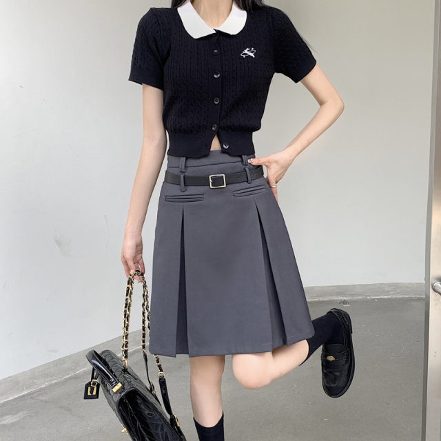 College style pleated skirt for women in summer large size fat mm retro gray A-line midskirt design temperament suit skirt
