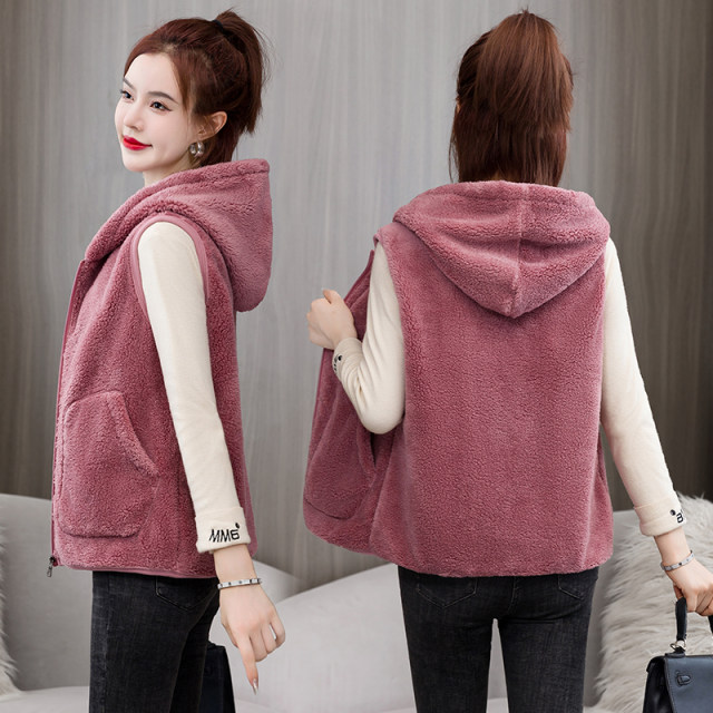 Coral Vest Women Wear loose Korean vest vest, velvet hooded jacket, middle -aged mother autumn and winter, shoulders