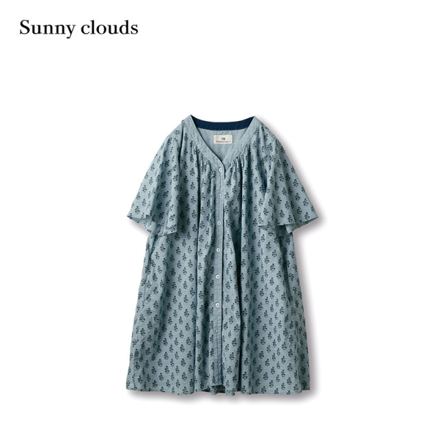 Sunny clouds cotton flared sleeve print style mid-length shirt