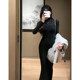 French Hepburn Wind Black slightly transparent base knitted dress women's winter slim inside hip fishtail long skirt
