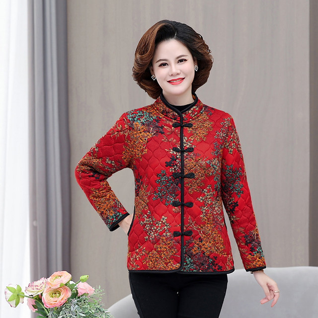 Middle-aged mother in autumn and winter retro Tang Dynasty cotton coat cardigan jacket women's plaid plus velvet cotton jacket thickened floral cotton jacket