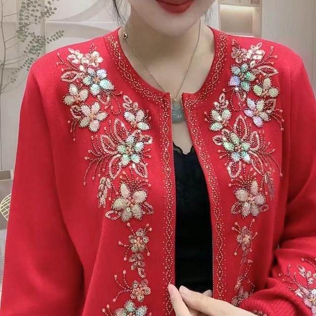 
New autumn and winter new middle-aged and elderly round neck embroidered fashionable plus size wool cardigan sweater